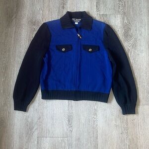 St. John Navy Marie black and blue  Zipper Knitted Sweater Cardigan size petite